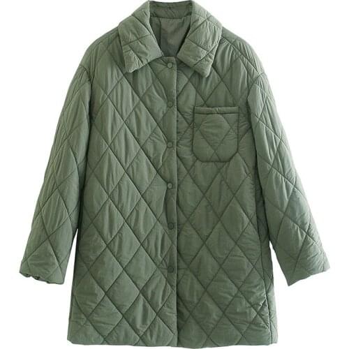 2021 Zar Women Autumn Jacket Female Coat Mid-length Aarmy Green Thickened Classic Collar Thickened Unisex Rhombic Cotton Jacket