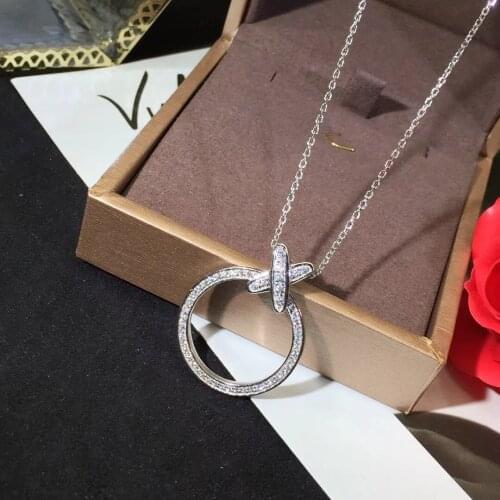 Cute Round Silver Color Pendant Long Chain Necklace with Bling Zircon Stone for Women Fashion Jewelry Choker