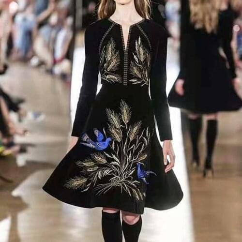 JSXDHK Runway Designer Spring Dress High Quality Women Flower Birds Embroidery Black Tassel Vintage Long Sleeve Dresses Vestidos