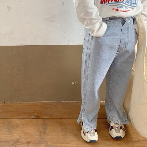 Girls' Fashion Side Split Jeans 2021 Autumn New Childrens Korean Simple Solid Color Straight Casual Pants Kids Clothes