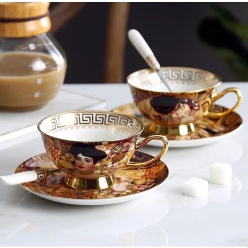 Coffee Cup Set Bone China Ceramic Tea set Klimt Vintage Art Painting Luxury Gifts Porcelain Drinkware Tea cups with Spoon