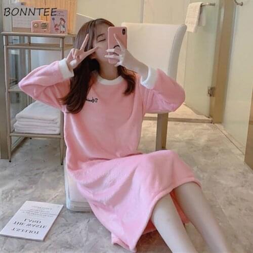 Nightgowns Women Coral Fleece Leisure Printed Daily Soft Warm Comfortable Womens Korean Style Thickening Elegant O-neck Chic