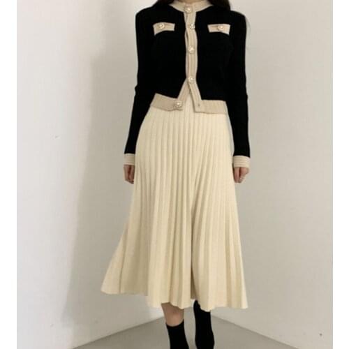 New Winter Warm Knitted 2 Piece Set Korea Chic Ladies Single Breasted Pearl Buttons Cardigan Sweater+Pleated Long Skirt Suit
