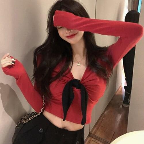 2021 Spring And Autumn New Sexy V-neck Bow Hollow Long Sleeve T-shirt Slim Fit Short Bottomed Shirt Women Tshirt Crop Top Wear