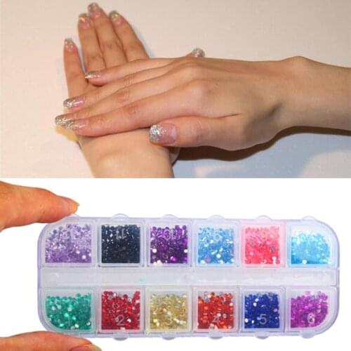 New Mix 12 Color 2mm Circle Beads Nail Art Tips Rhinestones Glitters Acrylic UV Gel Gems Decoration with Hard Case