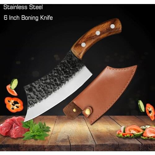 6Inch Boning Knife Hand Forged Outdoor Hunting Knife Stainless Steel Kitchen Knife Meat Cleaver Butcher Knife with Leather Case