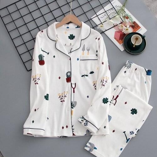 Autumn New Ladies Pajamas Set Floral Printed Full Cotton Fresh Style Sleepwear Set Women Turn-down Collar Female Casual Homewear