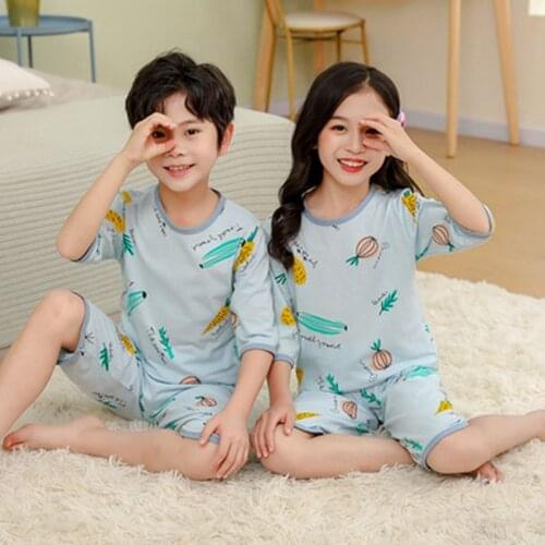 Big Girls Boys Pajamas Summer Cotton Childrens Clothing Tshirt+Pants Short-Sleeved Pyjamas For Kids 4-18Years Teenage Sleepwear
