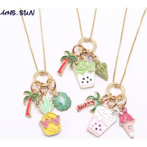 MHS.SUN Cute Design Baby Girls Long Chain Necklace Charming Shell/Pineapple/Tree Pendant Necklace Kids Summer Party Style Gifts