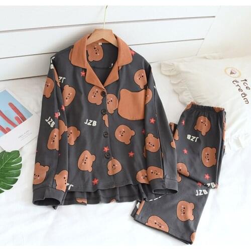 Pure Cotton Bear Knit Spring Home Wear Korean Cartoon Cardigan Loose Lapel Stitching Couple Sleepwear Pyjama Homme Coton Homme