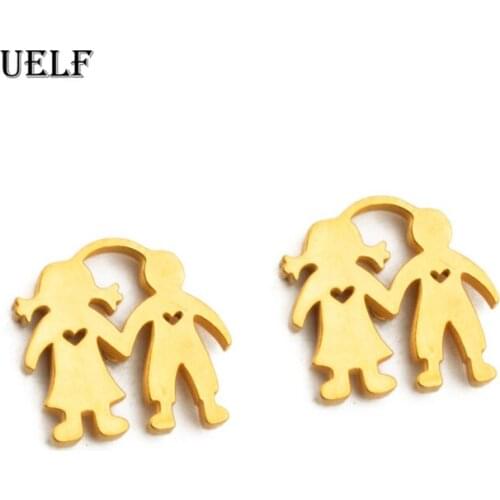 Uelf Romantic Boy and Girl Hand in Hand Stud Earrings Stainless Steel Earrings Gifts for Women Lovers Couple Jewelry