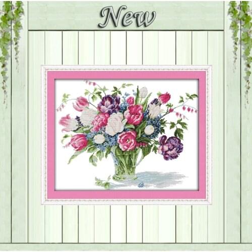 Tulip vase flowers colorful painting counted printed on canvas DMC 11CT 14CT Chinese Cross Stitch kits embroidery needlework Set