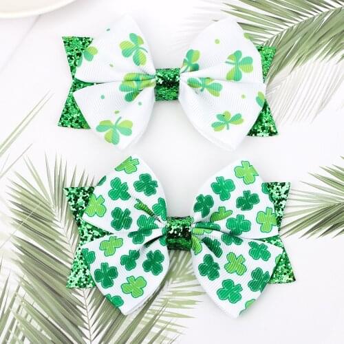 Ncmama 3.5" St. Patrick 's Day Decorations Hair Clips For Girls Kids Shamrock Printed Hair Bows Hair Accessories