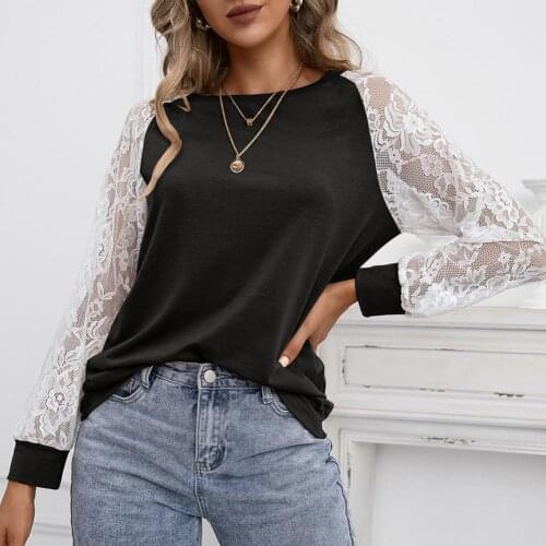 2021 New Fashion Lace Crochet Casual Blouse Long Sleeve Skin-friendly Hollow Out Patchwork O Neck Women T-shirt Streetwear
