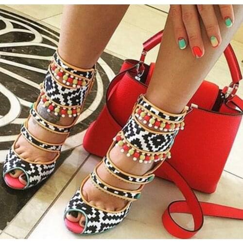 Sexy Mixed Colors Geometric Braided Leather Women Peep Toe Boho Sandals Boots Multi Beading Tassel High Heels Sandalias Shoes