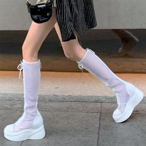 Womens Cow Leather Round Toe Knee High Boots Sandals Flat Platform Creepers Lace Up Oxfords black white party Shoe