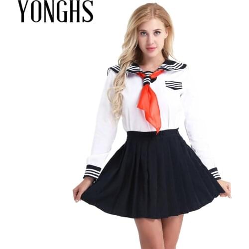 Women Girls Cosplay Costume Sailor School Uniform Dress Suit Shirt with Pleated Skirt Triangle Neckerchief Set for Role Play