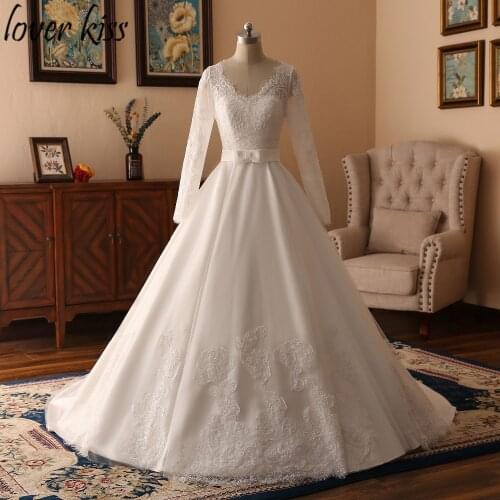 Lover Kiss vestidos de novia 2021 Real See Through Lace Satin Wedding Dress Long Sleeve Turkey Bow Brides Dresses For Weddings