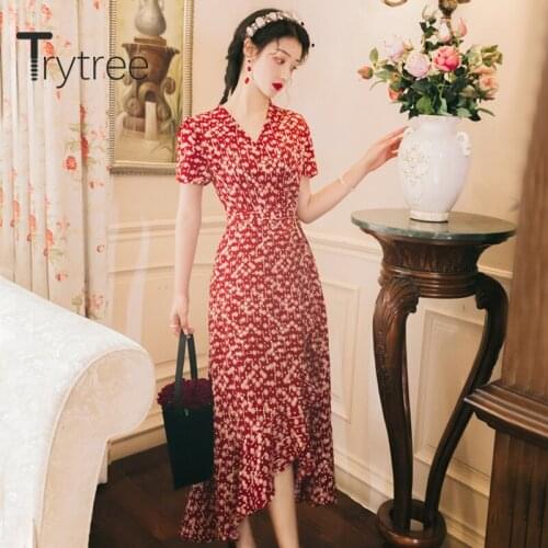 Trytree 2020 Summer Woman Dress Casual V-neck Fashion Vintage Elegant Print A-line High Waist Temperament Mid-Calf Dress