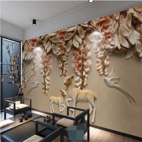 Beibehang Custom 3d Wallpaper Mural 3d Embossed Elk Flower Bird TV Sofa Background Wall wallpaper for living room papel pintado