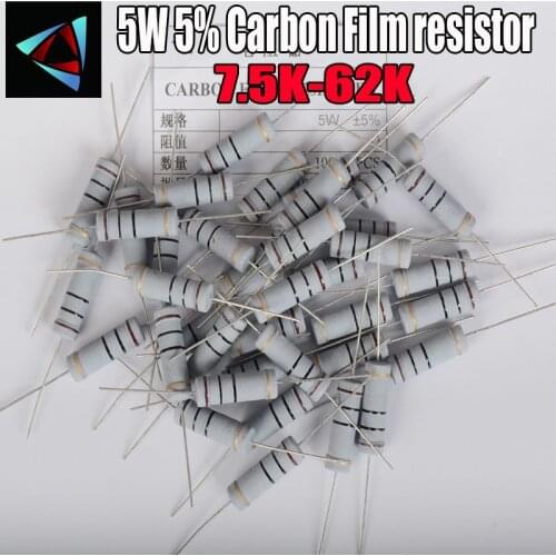 5pcs 5W 5% Carbon Film resistor 1R ~ 1M 7.5K 8.2K 9.1K 10K 12K 15K 18K 20K 22K 24K 27K 30K 33K 36K 39K 43K 47K 51K 56K 62K ohm