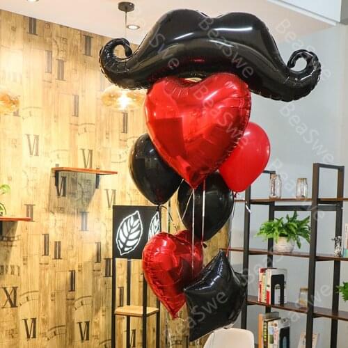 7pcs/lot little man black Beard foil balloons gentleman Moustache red heart balls baby shower theme party decor kids toys globos