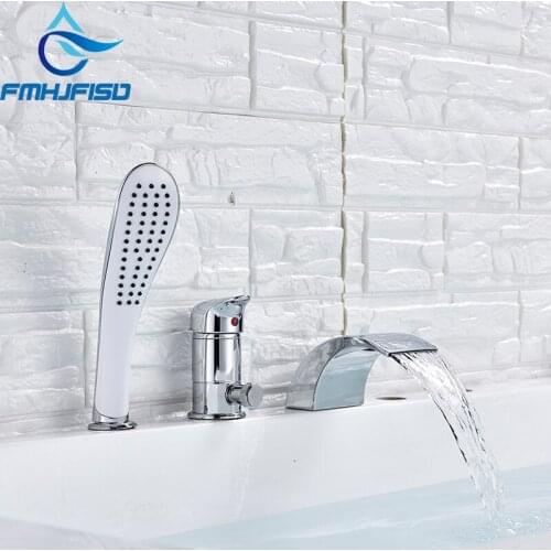 FMHJFISD Deck Mount Chrome Waterfall Bathtub Faucet Wide Waterfall Spout Tub Mixer Pull Out Handshower Widespread
