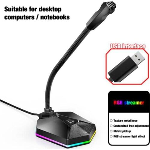 Flexible Bent Computer Microphone, USB Plug RGB light-emitting Mic Drive-free Microphone for Online Chat Video Conference Class