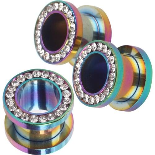 JK Rainbow Crystal Earring Gauge Screw Ear Plug Cheap Ear Tunnel Body Jewelry Plugs on Ear Fit Expander Kits
