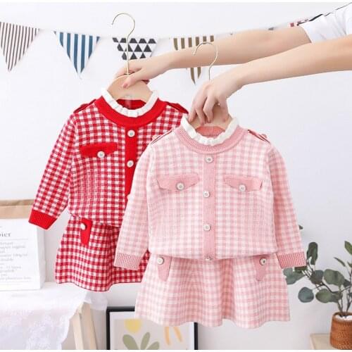 Fashion 2021 Autumn Knitwear Girl 2pcs Clothes Set Baby Plaided Cardigan Sweater Coat+Pleated Skirt Kids Children Outfits S12865