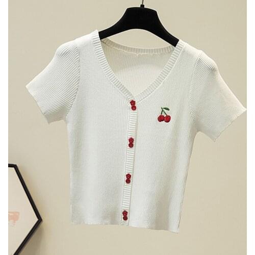 LJSXLS Knitted Short Sleeve V-Neck Womens Sweater Chic Button Short Tops Female Summer Red Elasticity Soft Women Clothes 2021