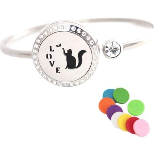 Cat Playing Bracelet Bangle Aromatherapy 25mm Magnet Crystal Stainless steel essential oil diffuser locket bracelet