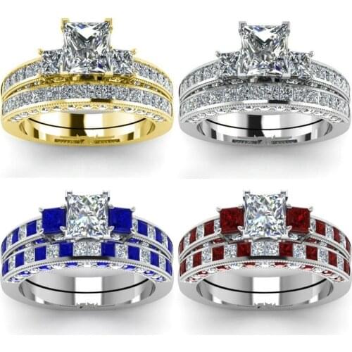 Fashion Womens Jewelry Gold Color White Crystal Rings 1.2 Carat Princess Cut Crystal Bridal Wedding Engagement Ring Set