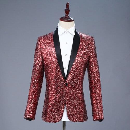 Mens Shawl Collar Sequin Blazer Jacket Wedding Groom Prom Men Blazer Slim Fit Tuxedo Blazer Homme Nightclub Stage Singer Costume
