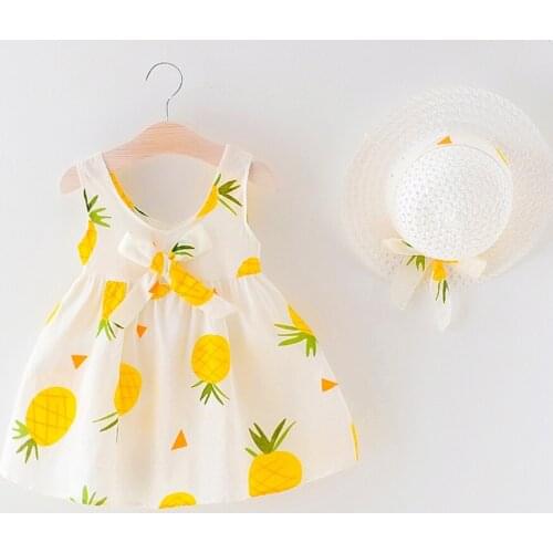 2019 New Baby Girl Clothes Dress+Hat Casual Dot Floral Korean Summer Cotton Princess Clothing Children Kids Baby Girl Dresses