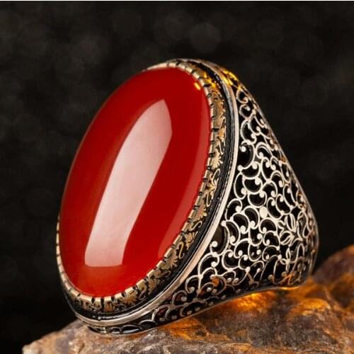 Oval Red Big Agate Stone Men Ring Vintage Handcarved Men Jewelery Ottoman Motif Ring Quality Fashionable Ring