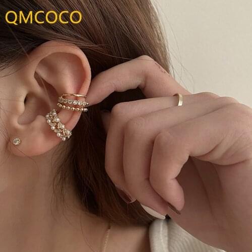 QMCOCO Simple Versatile Multi-Layer Zircon Pearl Ear Clip Design Korean Temperament 925 Silver For Female Retro Earrings