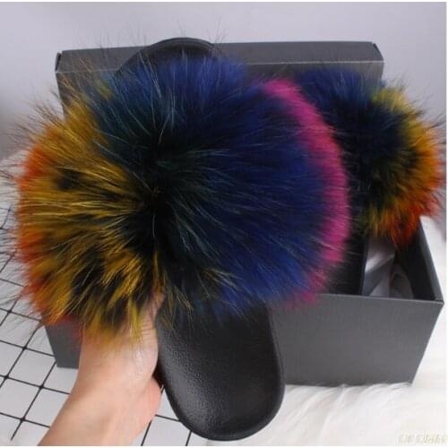 2020 Hot Sale Summer Fur Slippers Slides Lady Plus Fox Raccoon Fur Flip Flops Beach Fur Flat Sandals Shoes size 36-45