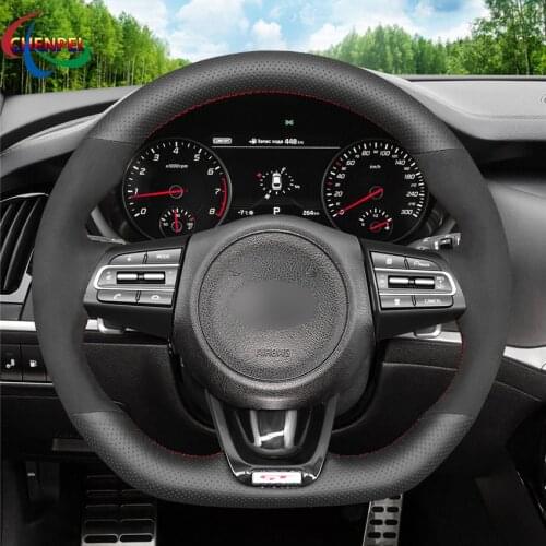DIY Hand-Stitched Non-slip Black Suede Leather Car Steering Wheel Cover For Kia Stinger 2017-2020 Car Interior Decoration