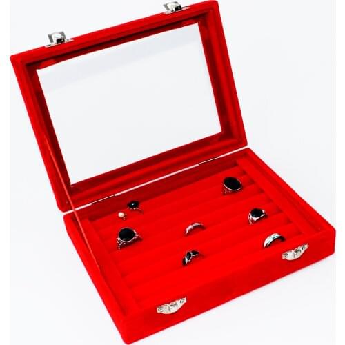 SZanbana Red 7 Slots Velvet Ring Display Box Earring Organizer Jewelry Tray Cufflink Storage & Show case with Clear Glass lid