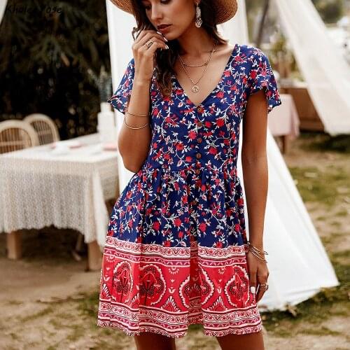 KHALEE YOSE Vintage Floral Print Mini Dress Rayon Summer V-neck Sexy Holiday Casual Women Dresses Button Front Ladies Chic Dress