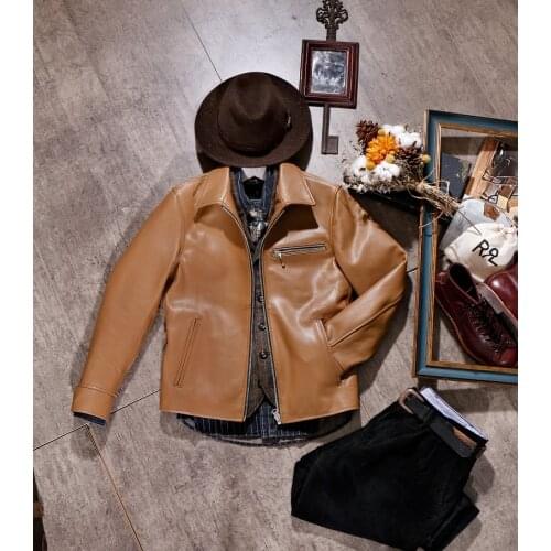 YR!Free shipping.Wholesales.Classic rider 1930 genuine leather jacket.brown quality heavy cow leather coat.slim biker clothes