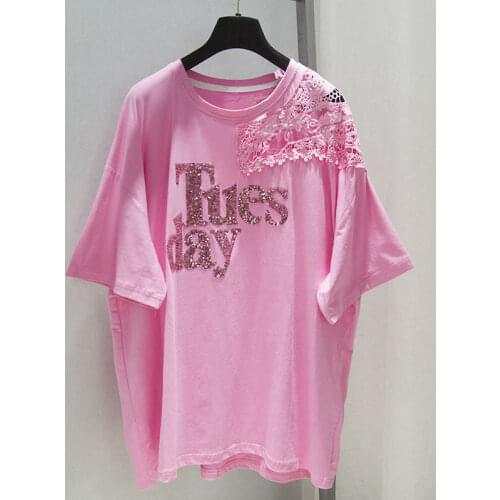 2021 Summer New Lace Stitching Hollow-out Short-Sleeved T-shirt Womens Korean-Style Sequined Top Fashion