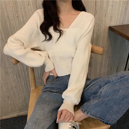 Woman Sweaters Spring Autumn Knitwear Womens Western Style Waist-Slimming Short Bishop Sleeves Top