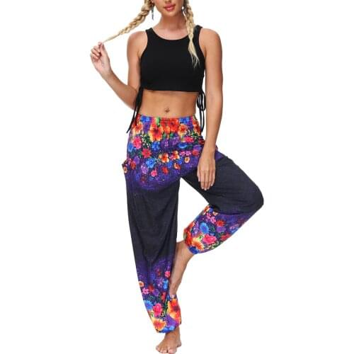 Newest arrival Women Loose Style Sweatpants Printed Pattern Elastic High Waist Bloomers Black/ Purple/ Navy/ Blue Purple