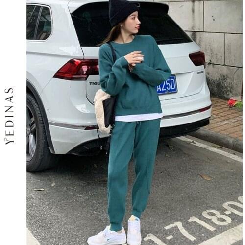 Yedinas O-Neck Knitted Two Piece Set Top And Pants Women Tracksuit 2020 Autumn Spring Autumn Korean 2 Piece Sets Womens Outfits