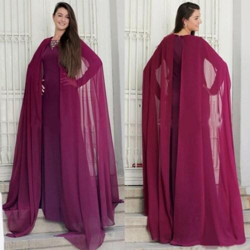 Dubai Burgundy Mermaid Prom Dresses Jewel Long Sleeve Wrap Chiffon Long Women Formal Evening Party Gowns Special Occasion Dress