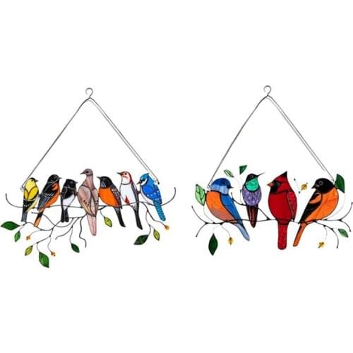 2PCS Birds Stained Glass Window Hangings, Birds on Wire, Stained Glass Birds Window Hangings Large Panel, Suncatcher
