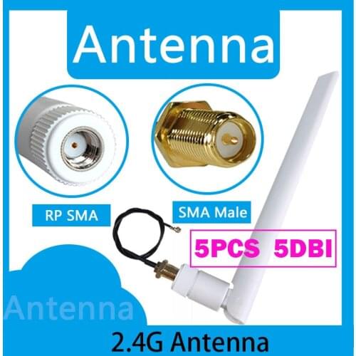 5PCS 2.4GHz WiFi antenna 5dBi RP-SMA Male 2.4G antena wi fi antenna wi-fi Router 21cm PCI U.FL IPX to SMA Male Pigtail Cable