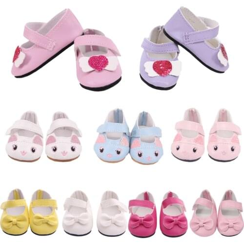 7Cm Leather Bowknot Pink kitty Heart Shoes For 18Inch American &43cm Reborn Baby 1/3 Bjd Doll Clothes Our Generation Girls Toy